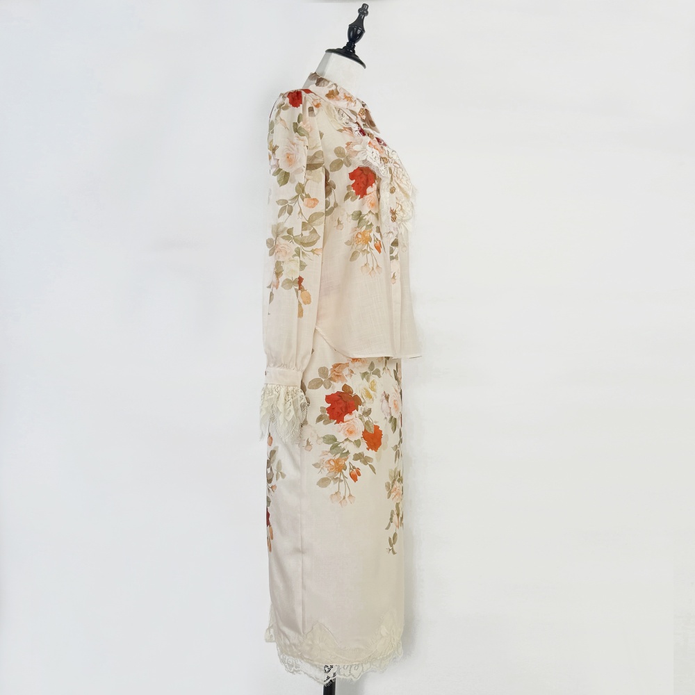Pencil lace shirt retro printing skirt a set