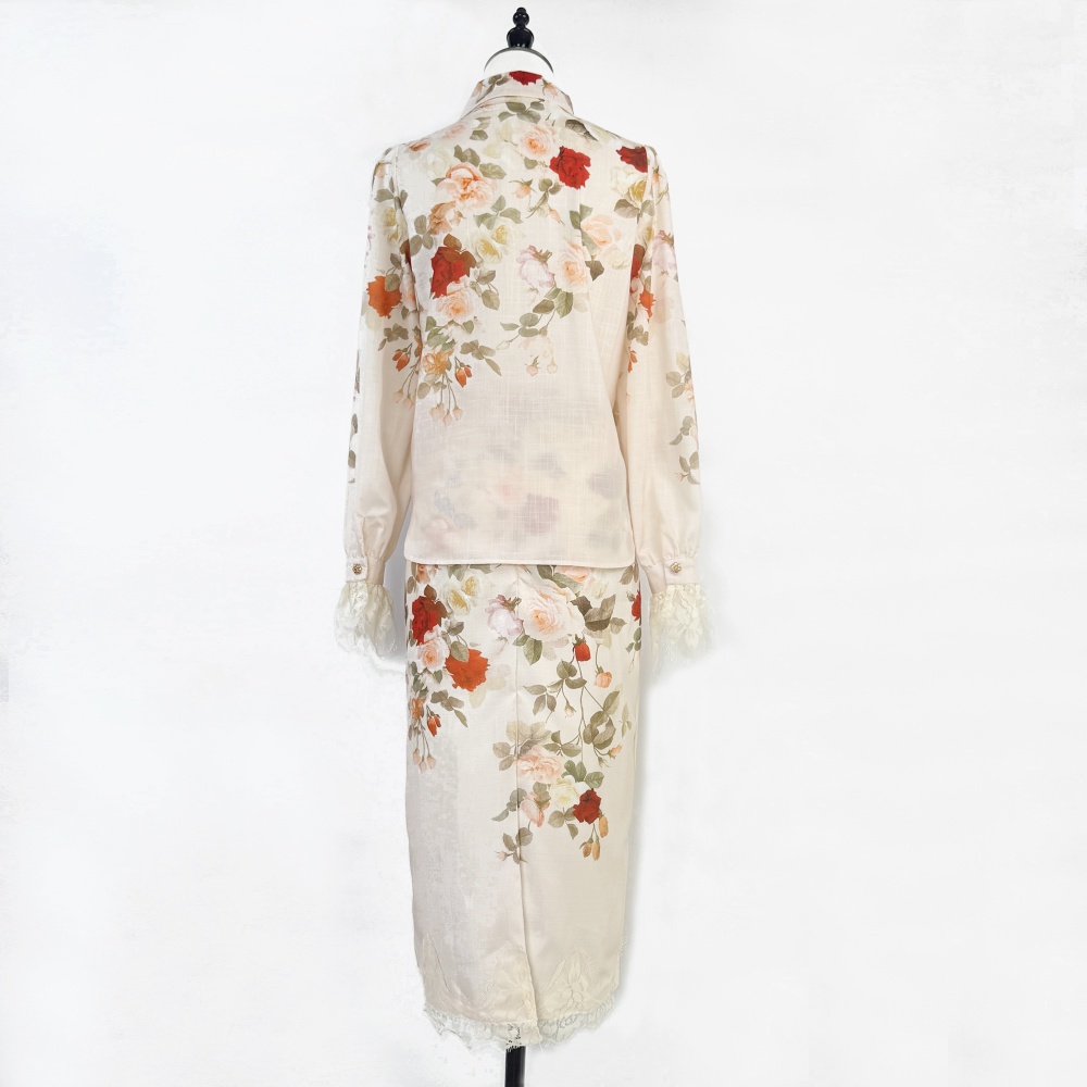 Pencil lace shirt retro printing skirt a set