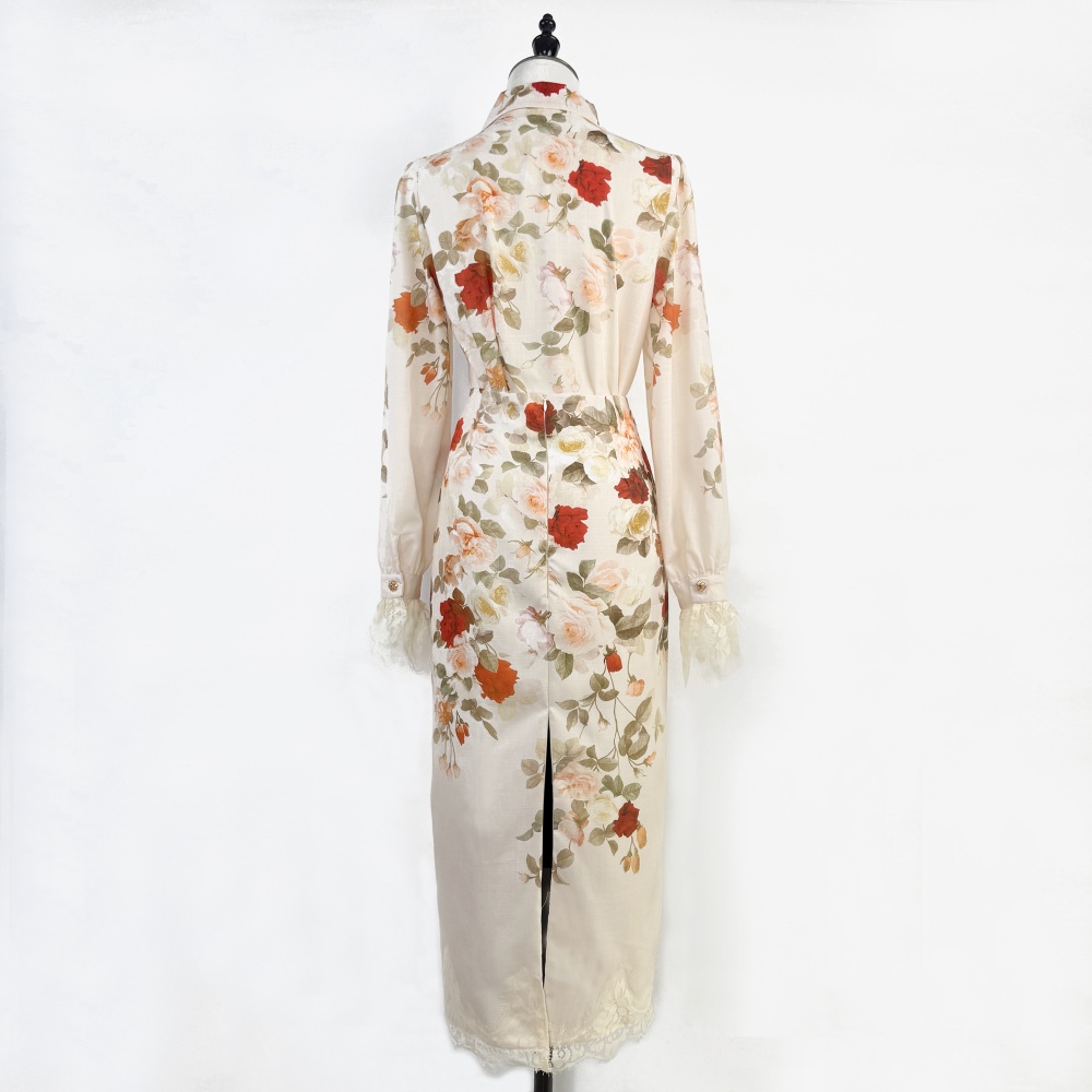 Pencil lace shirt retro printing skirt a set
