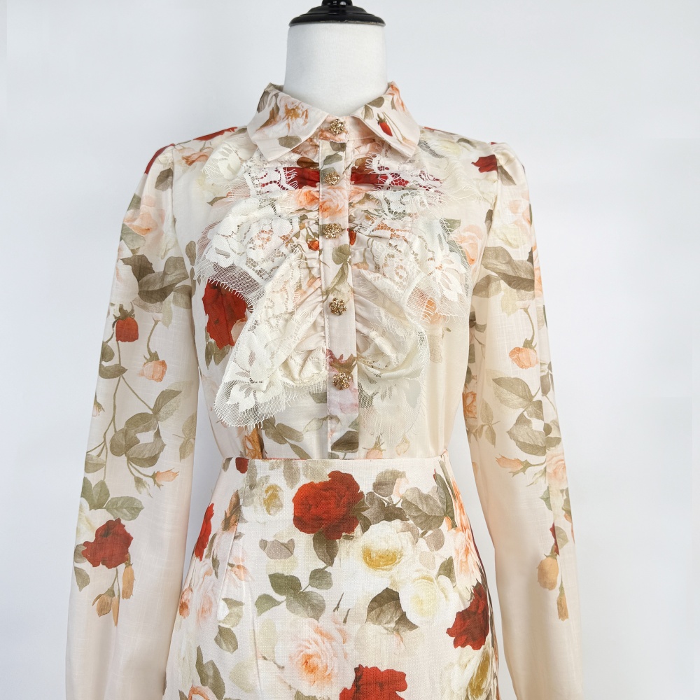 Pencil lace shirt retro printing skirt a set