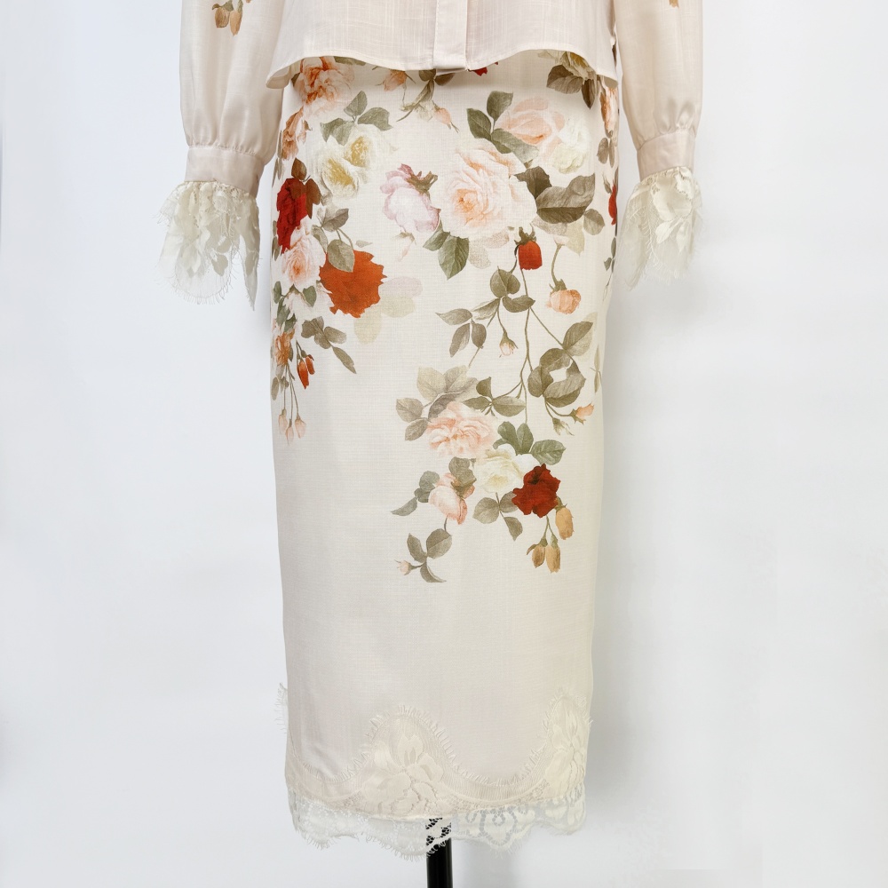 Pencil lace shirt retro printing skirt a set