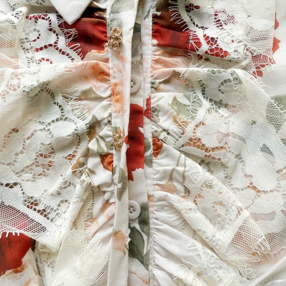 Pencil lace shirt retro printing skirt a set
