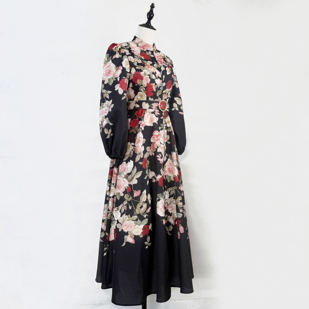 Slim printing court style single-breasted retro dress