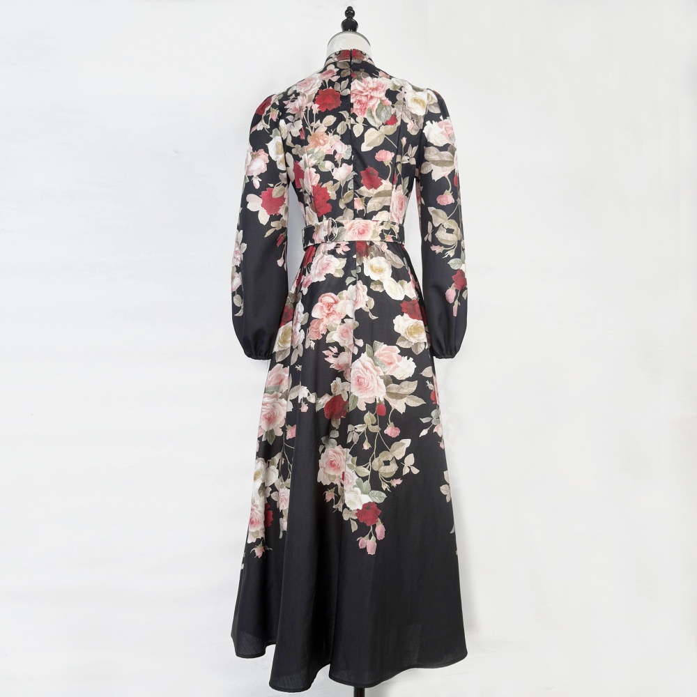 Slim printing court style single-breasted retro dress
