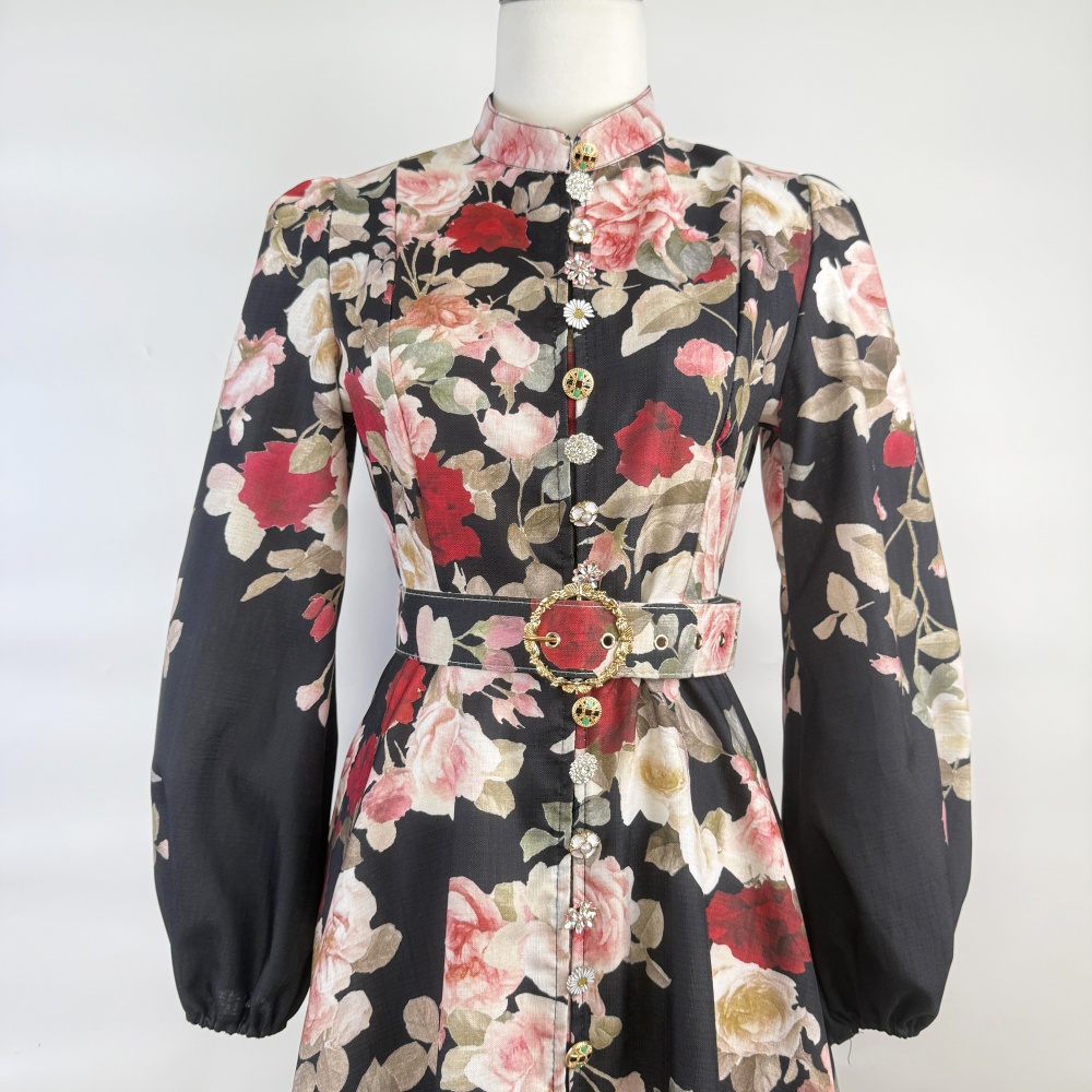 Slim printing court style single-breasted retro dress