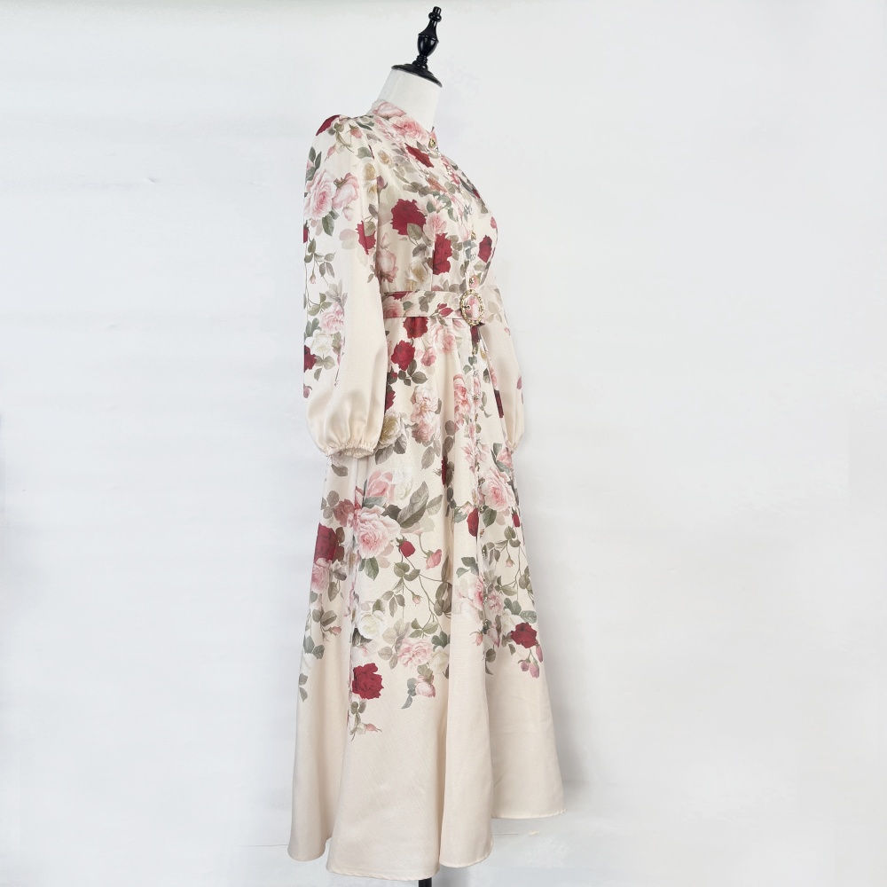 Slim printing court style single-breasted retro dress