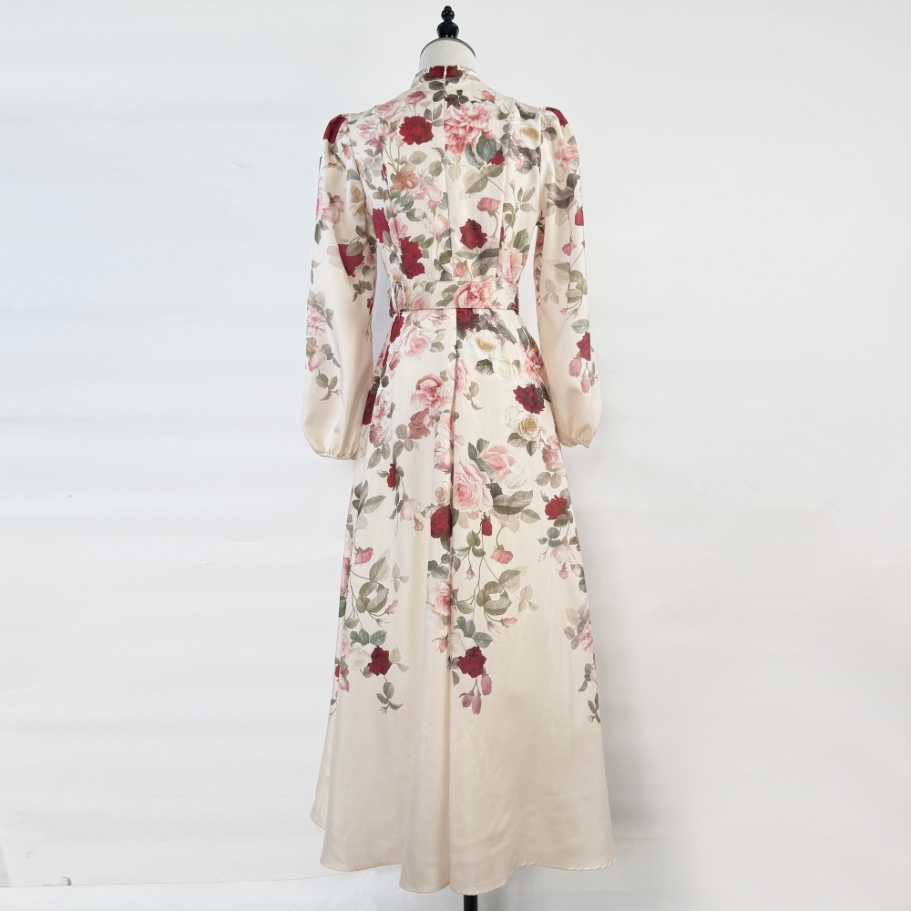 Slim printing court style single-breasted retro dress