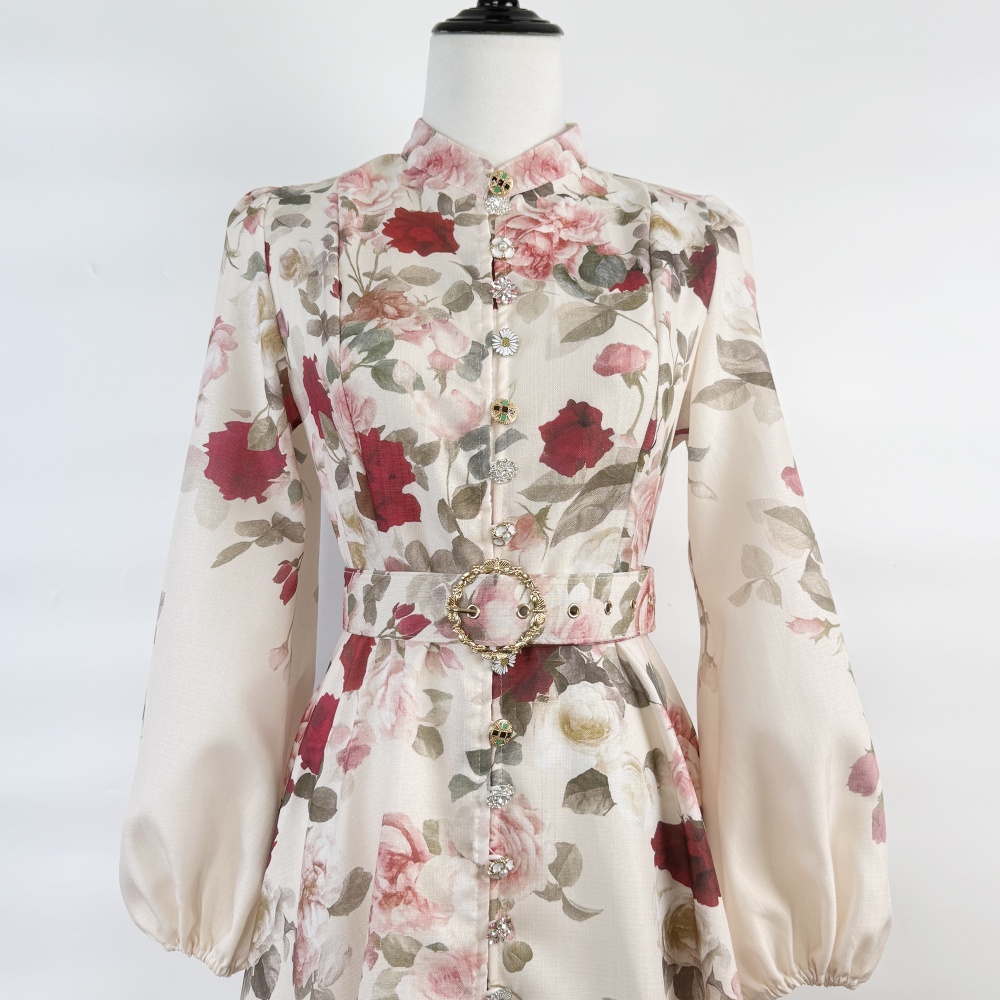 Slim printing court style single-breasted retro dress