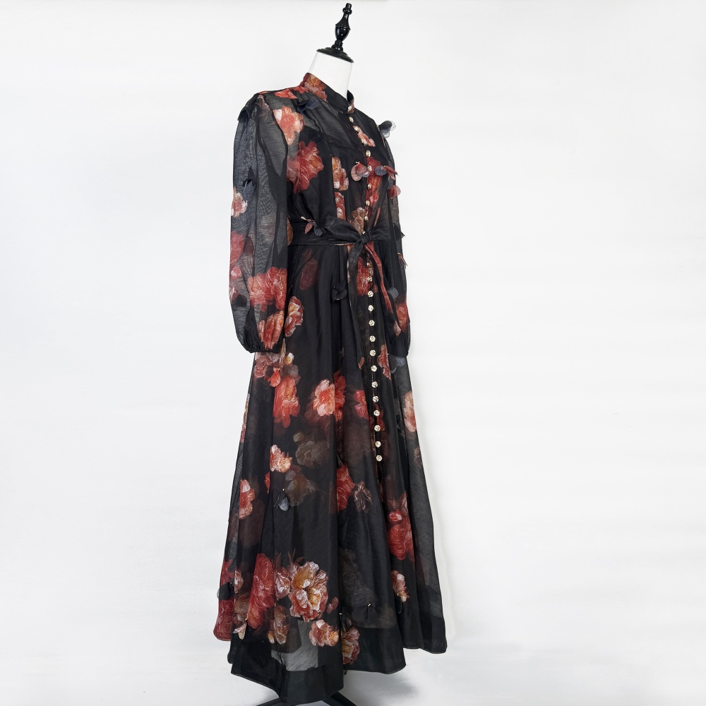 Big skirt long sleeve mood buckle long dress