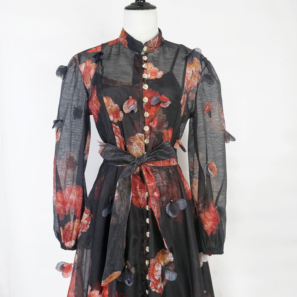 Big skirt long sleeve mood buckle long dress
