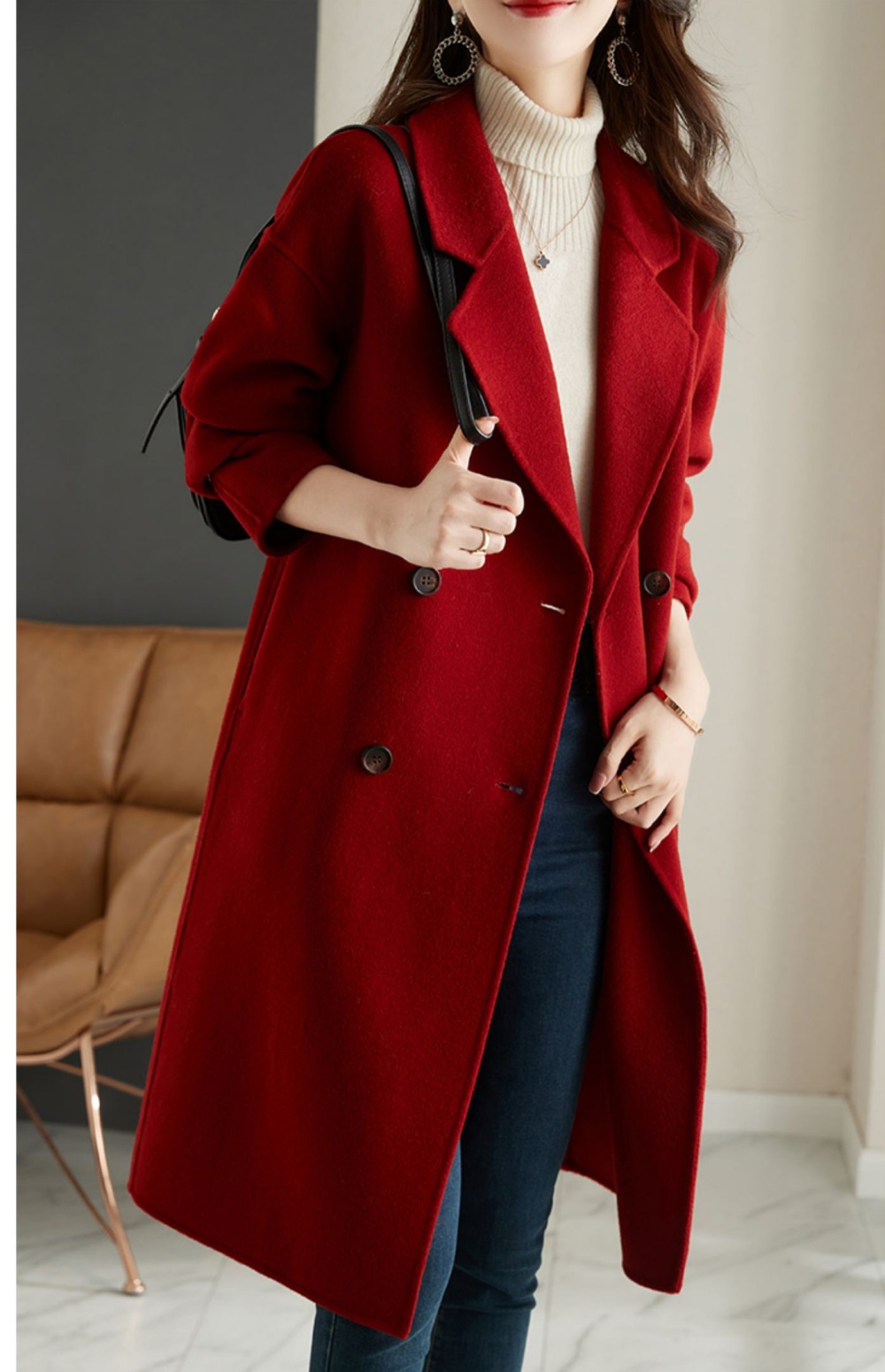 France style red overcoat exceed knee woolen woolen coat