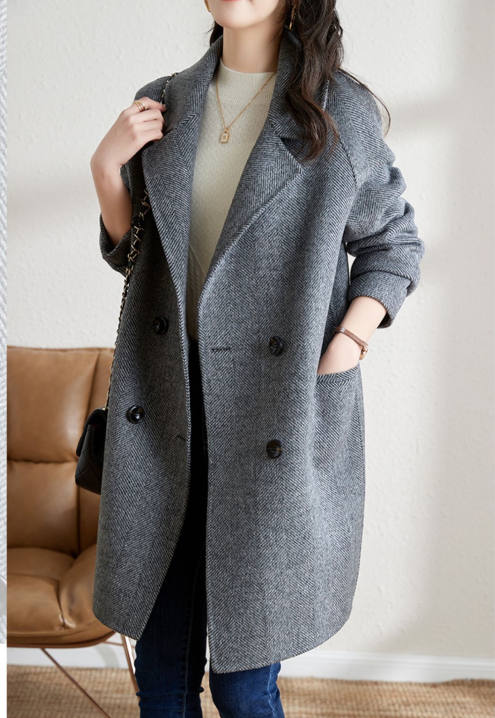 Double-breasted woolen woolen coat long overcoat for women