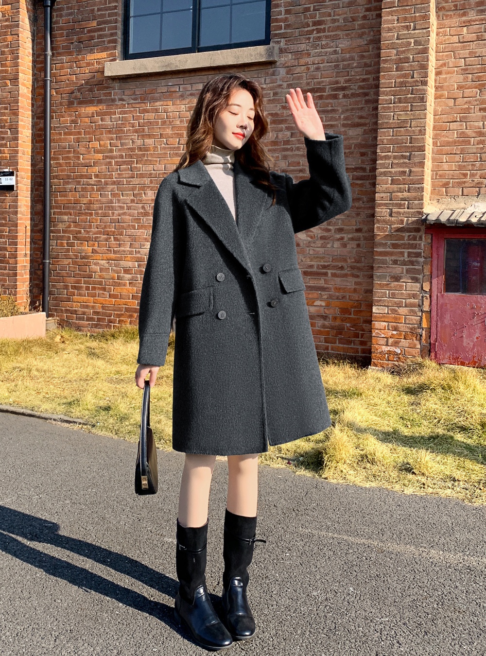 Autumn and winter overcoat gray woolen coat for women