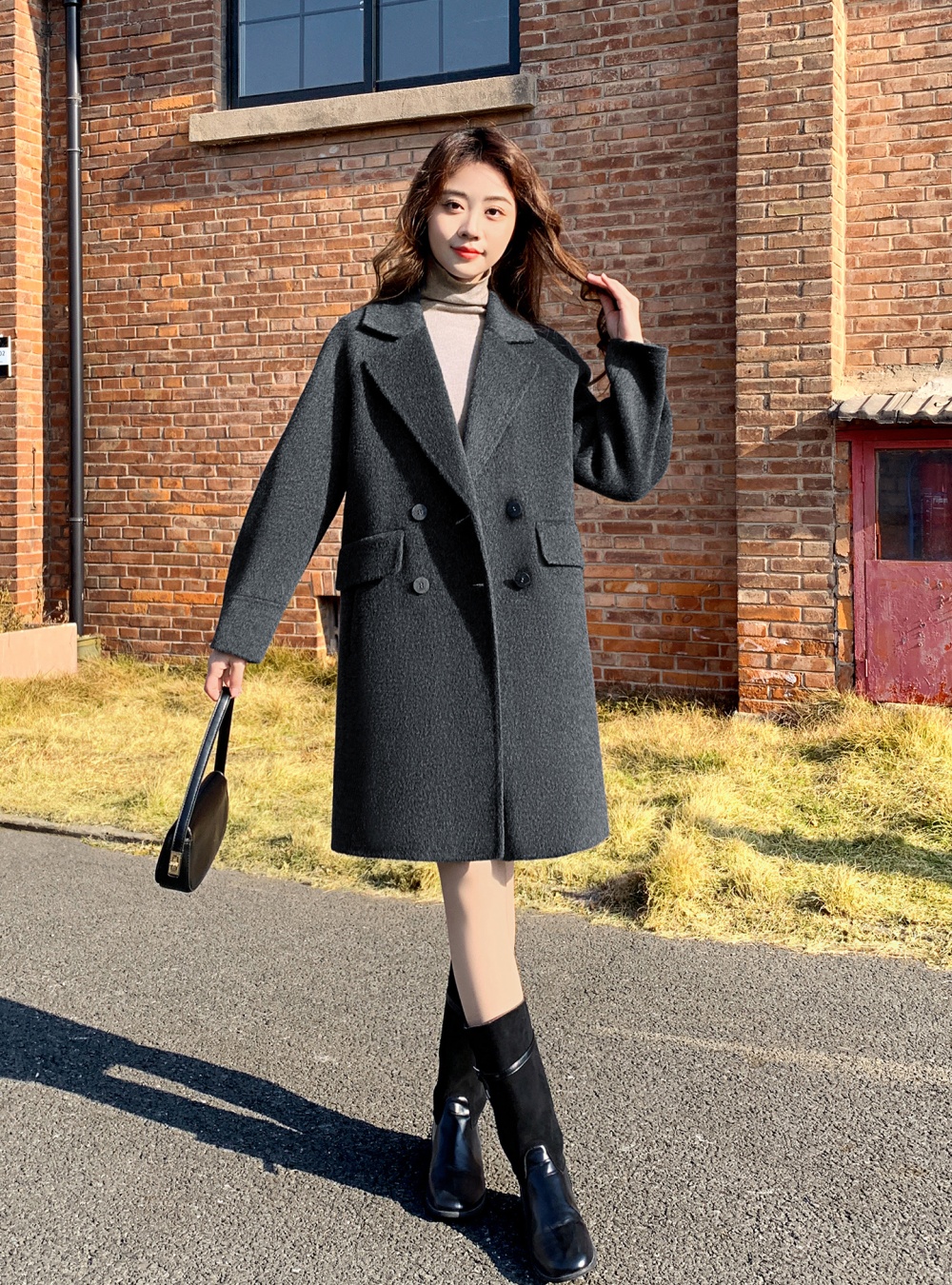 Autumn and winter overcoat gray woolen coat for women