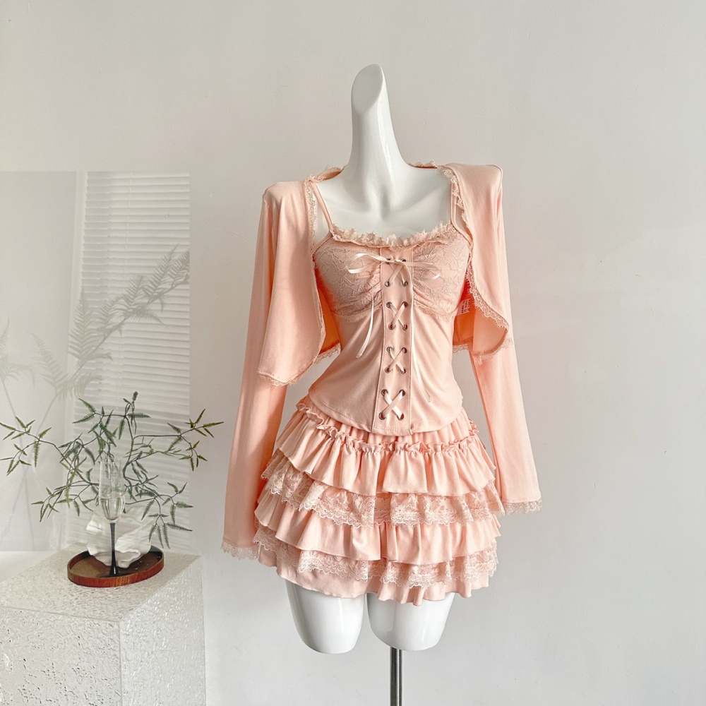 Bandage autumn tops sling cardigan 3pcs set