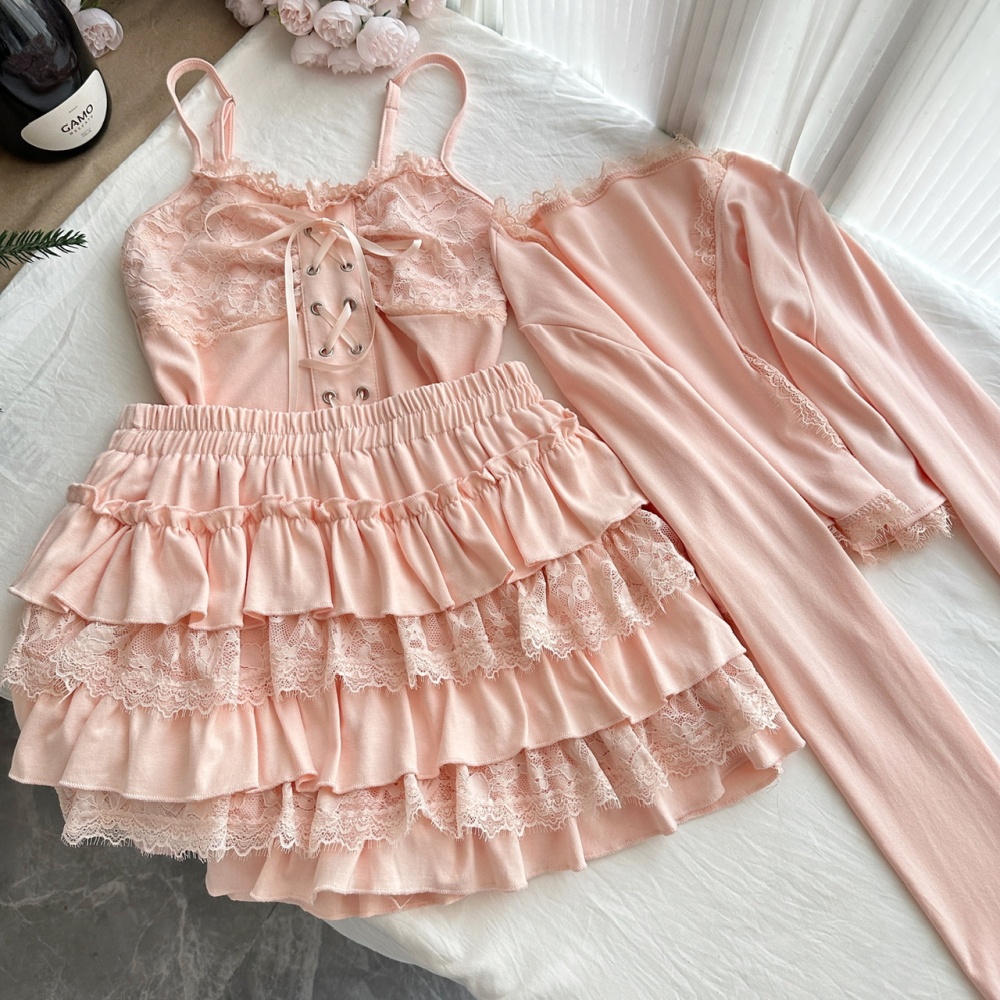 Bandage autumn tops sling cardigan 3pcs set