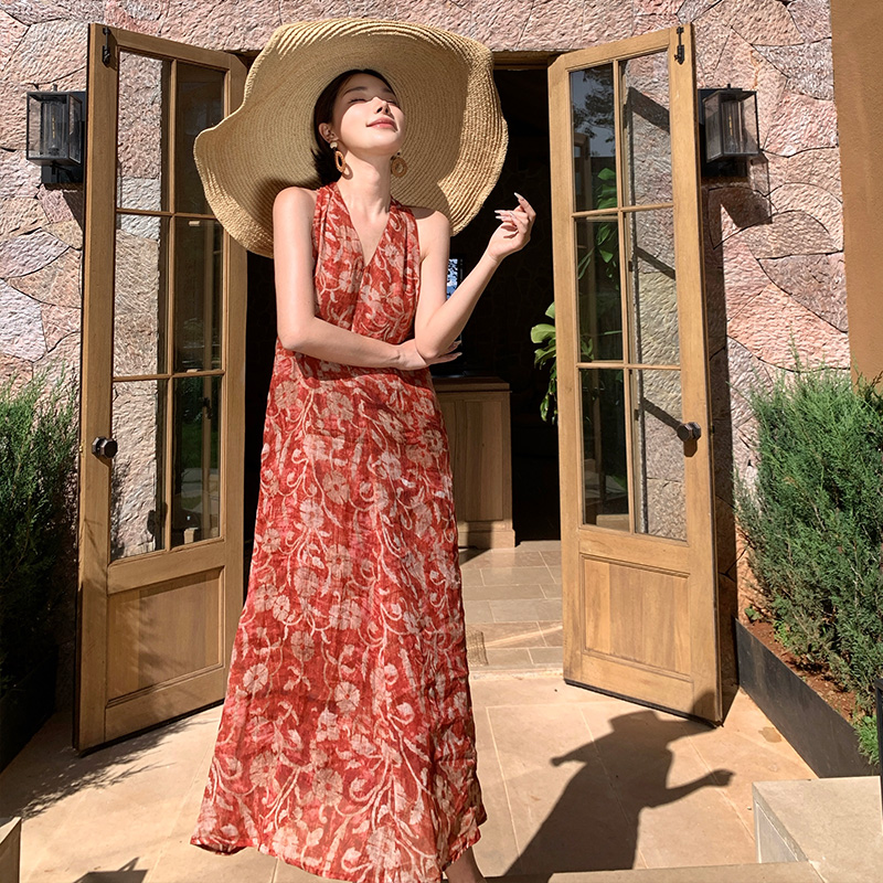 Summer V-neck long dress A-line red dress for women