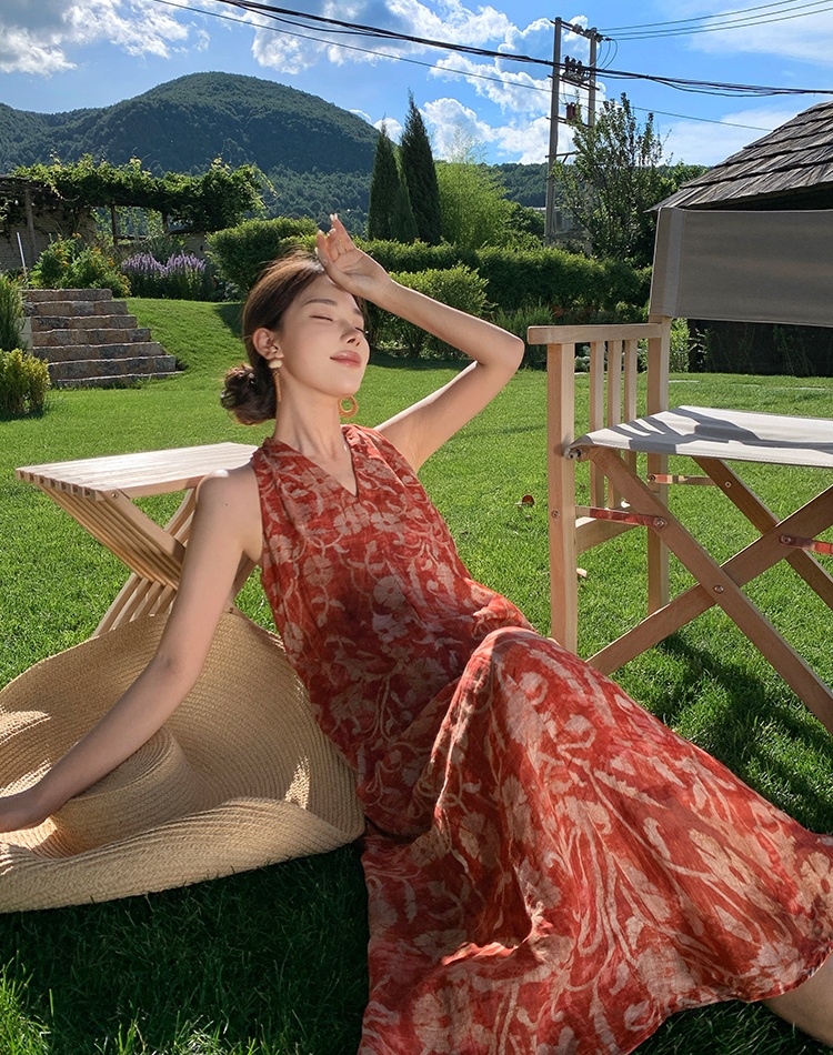 Summer V-neck long dress A-line red dress for women