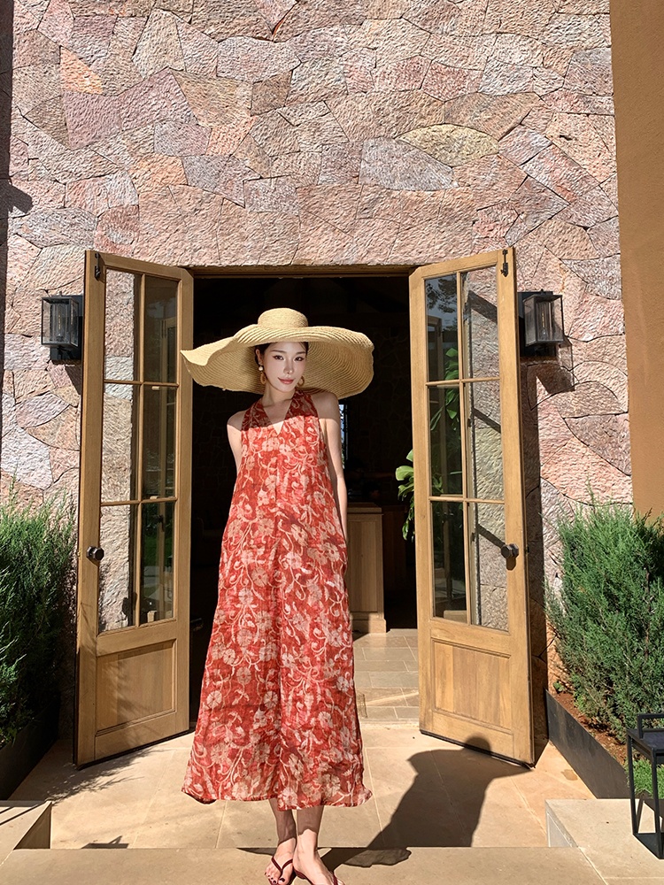 Summer V-neck long dress A-line red dress for women