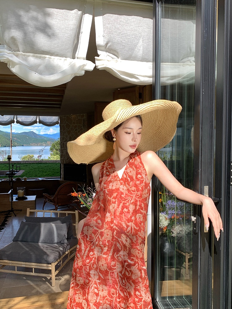 Summer V-neck long dress A-line red dress for women
