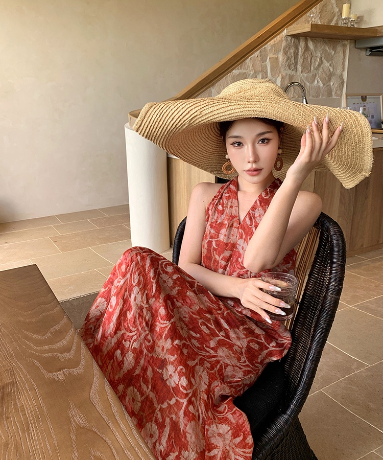 Summer V-neck long dress A-line red dress for women