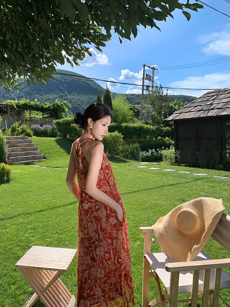 Summer V-neck long dress A-line red dress for women