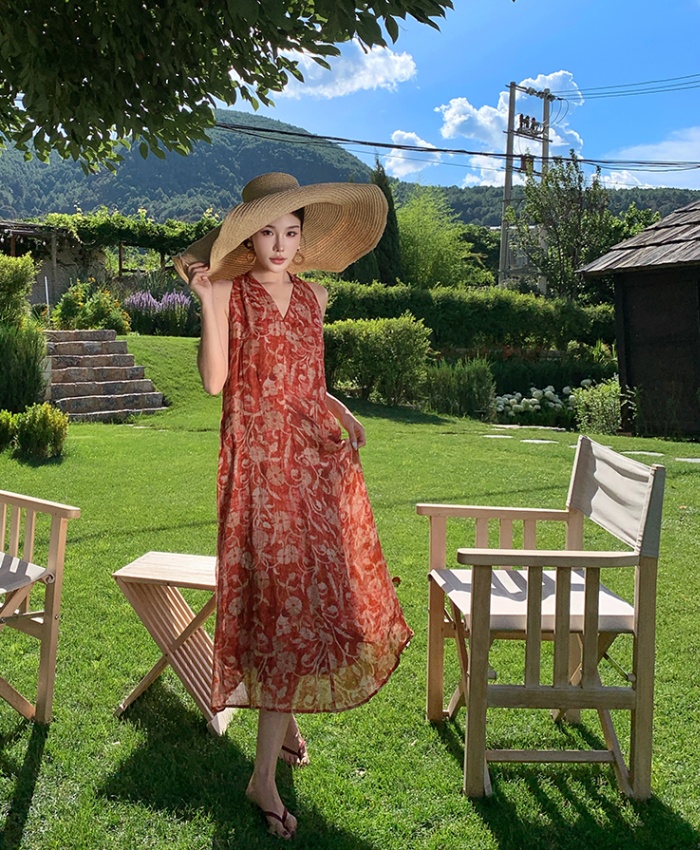Summer V-neck long dress A-line red dress for women