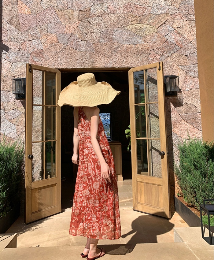 Summer V-neck long dress A-line red dress for women