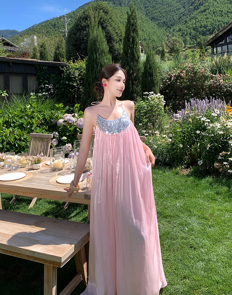 Vacation light luxury wedding dress satin halter long dress