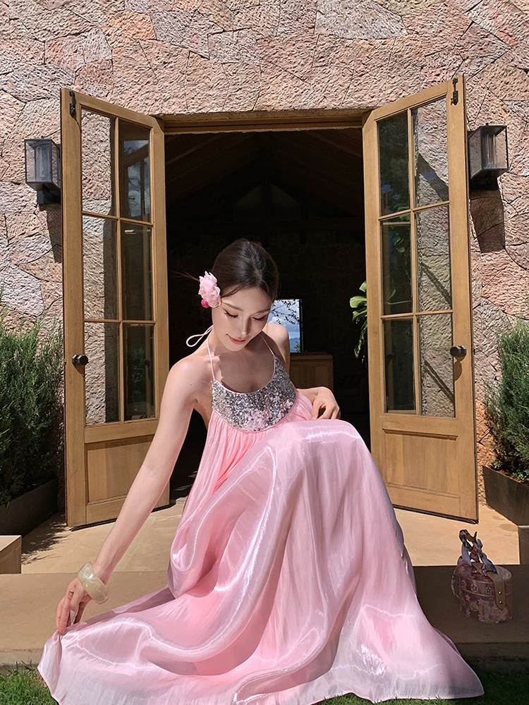 Vacation light luxury wedding dress satin halter long dress