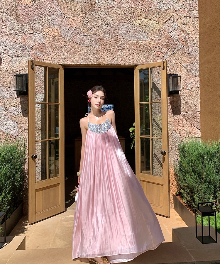 Vacation light luxury wedding dress satin halter long dress