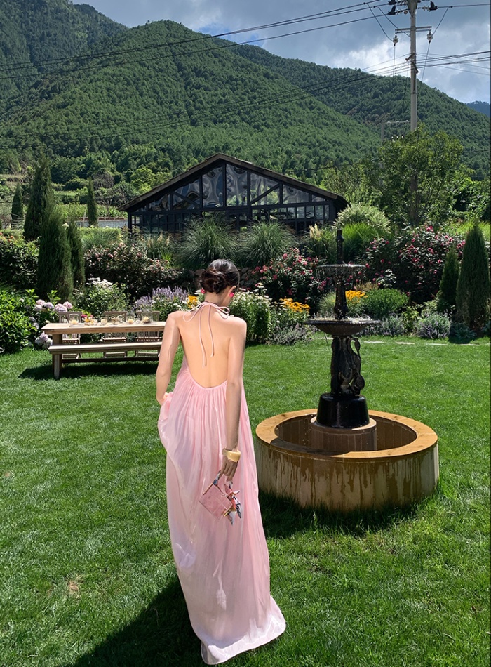 Vacation light luxury wedding dress satin halter long dress