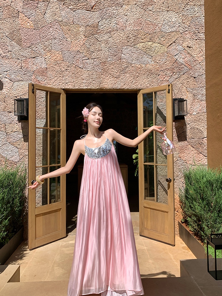 Vacation light luxury wedding dress satin halter long dress