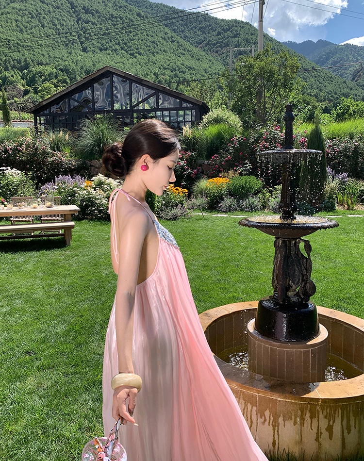 Vacation light luxury wedding dress satin halter long dress