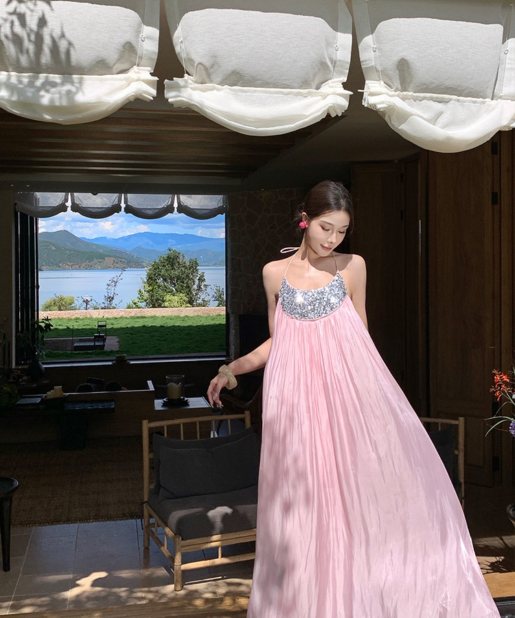 Vacation light luxury wedding dress satin halter long dress