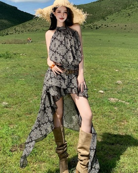 Pinched waist printing dress summer T-back for women