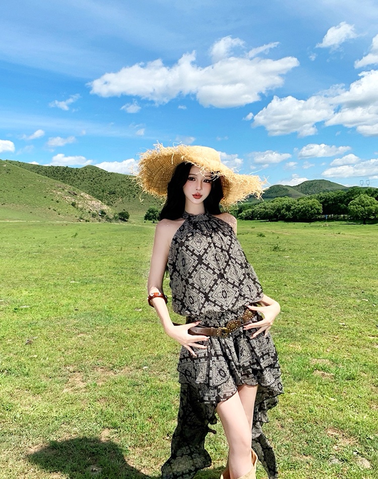 Pinched waist printing dress summer T-back for women