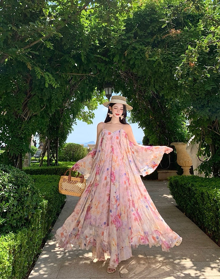 France style seaside floral temperament unique dress
