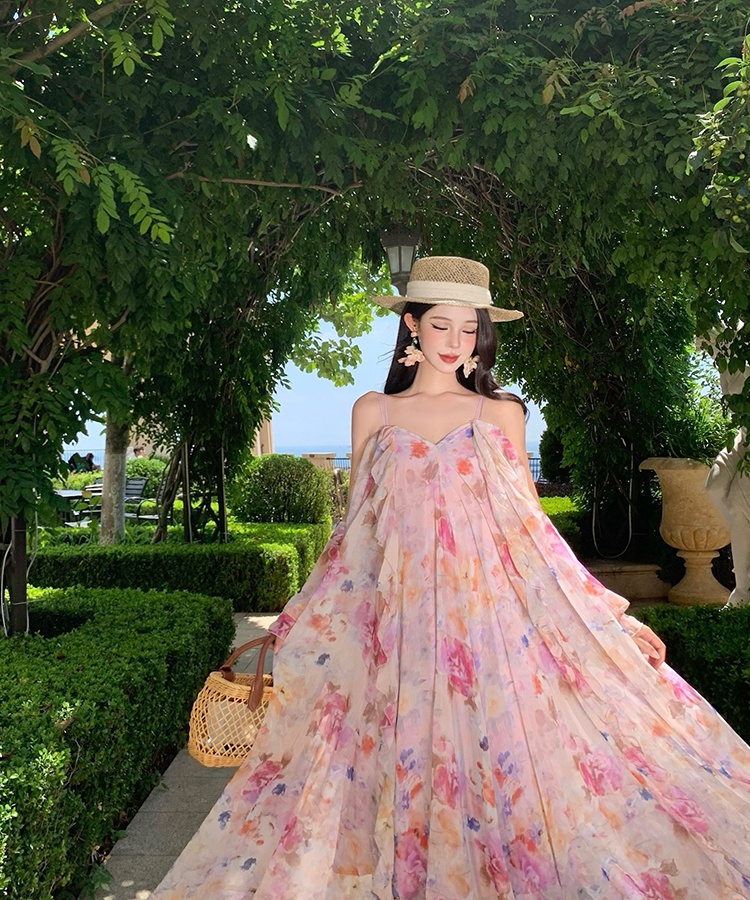 France style seaside floral temperament unique dress