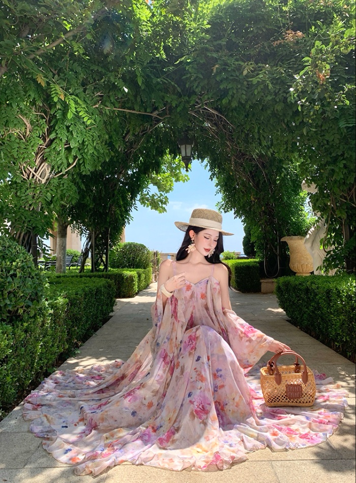 France style seaside floral temperament unique dress