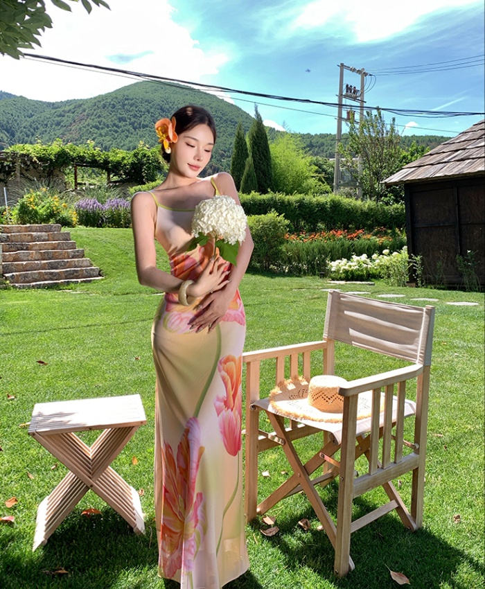 Flowers package hip gradient summer printing dress
