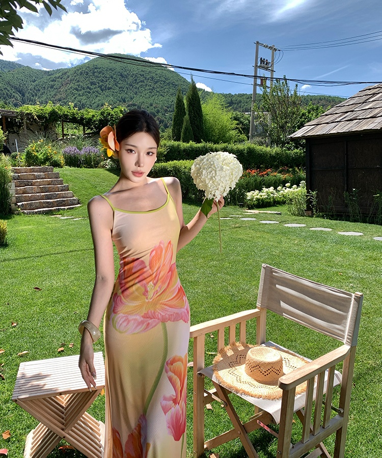 Flowers package hip gradient summer printing dress