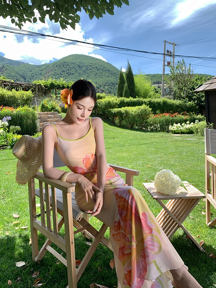 Flowers package hip gradient summer printing dress