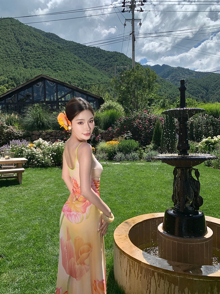 Flowers package hip gradient summer printing dress