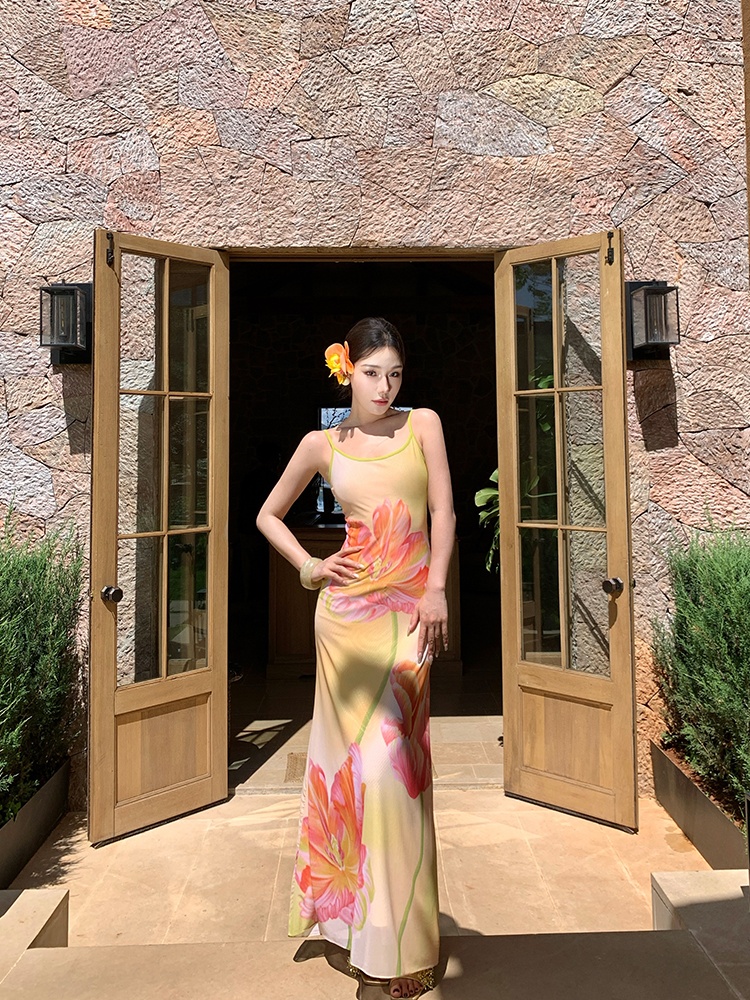 Flowers package hip gradient summer printing dress