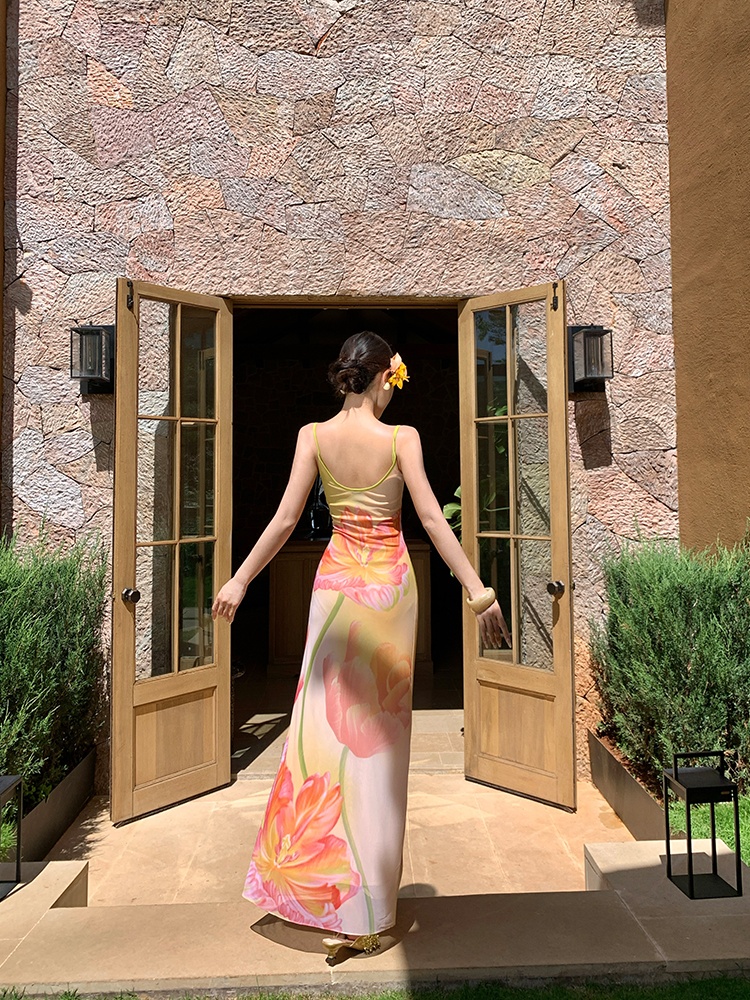 Flowers package hip gradient summer printing dress