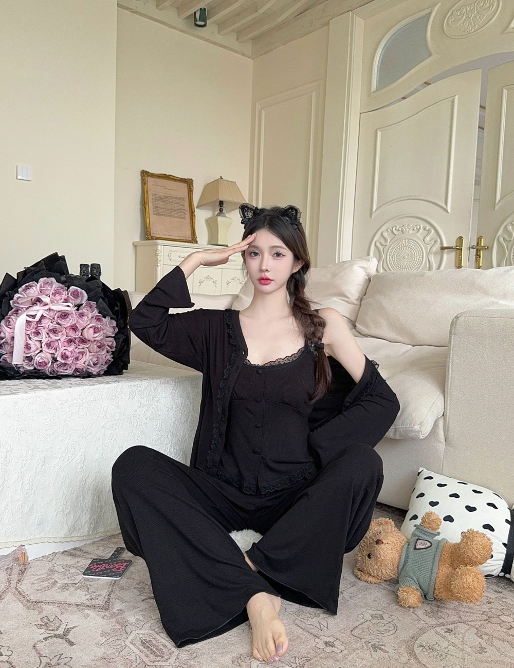 Spring and autumn lady pajamas 3pcs set for women