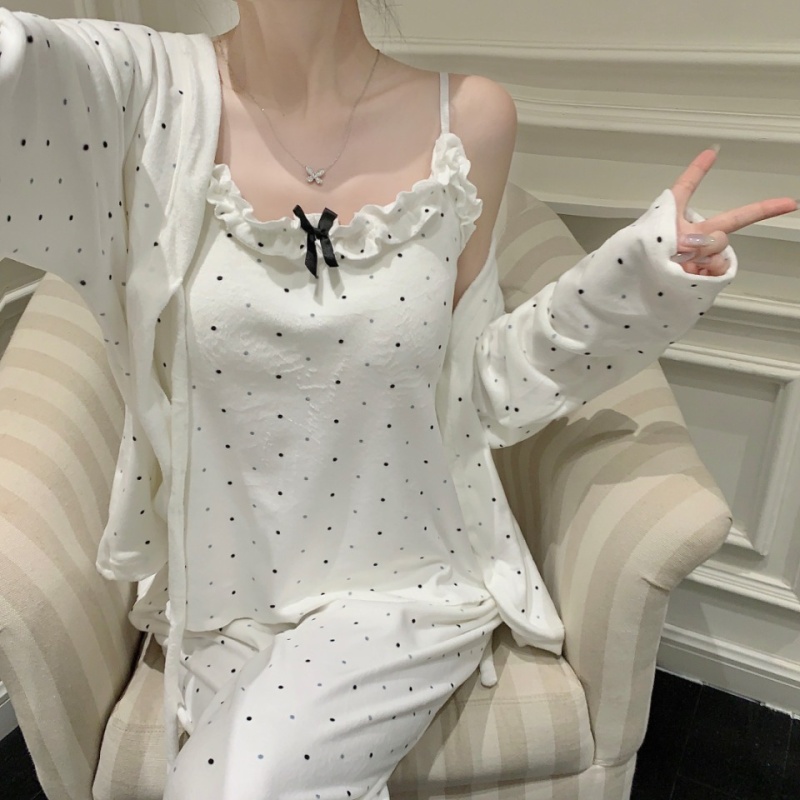 Homewear polka dot vest bow Korean style cardigan 3pcs set