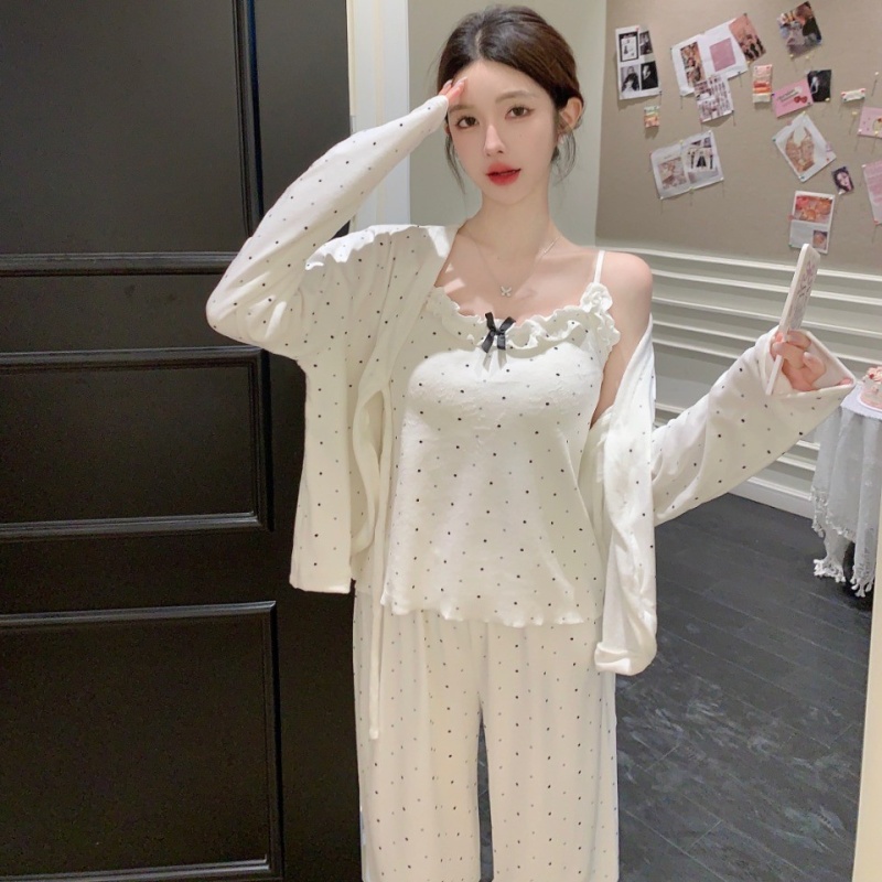 Homewear polka dot vest bow Korean style cardigan 3pcs set