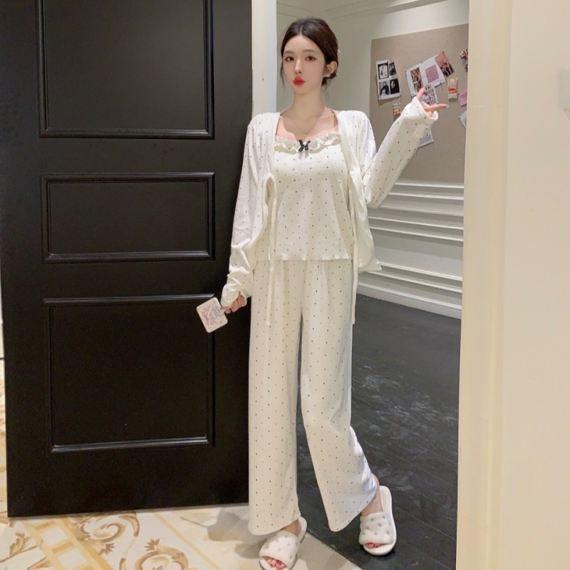 Homewear polka dot vest bow Korean style cardigan 3pcs set
